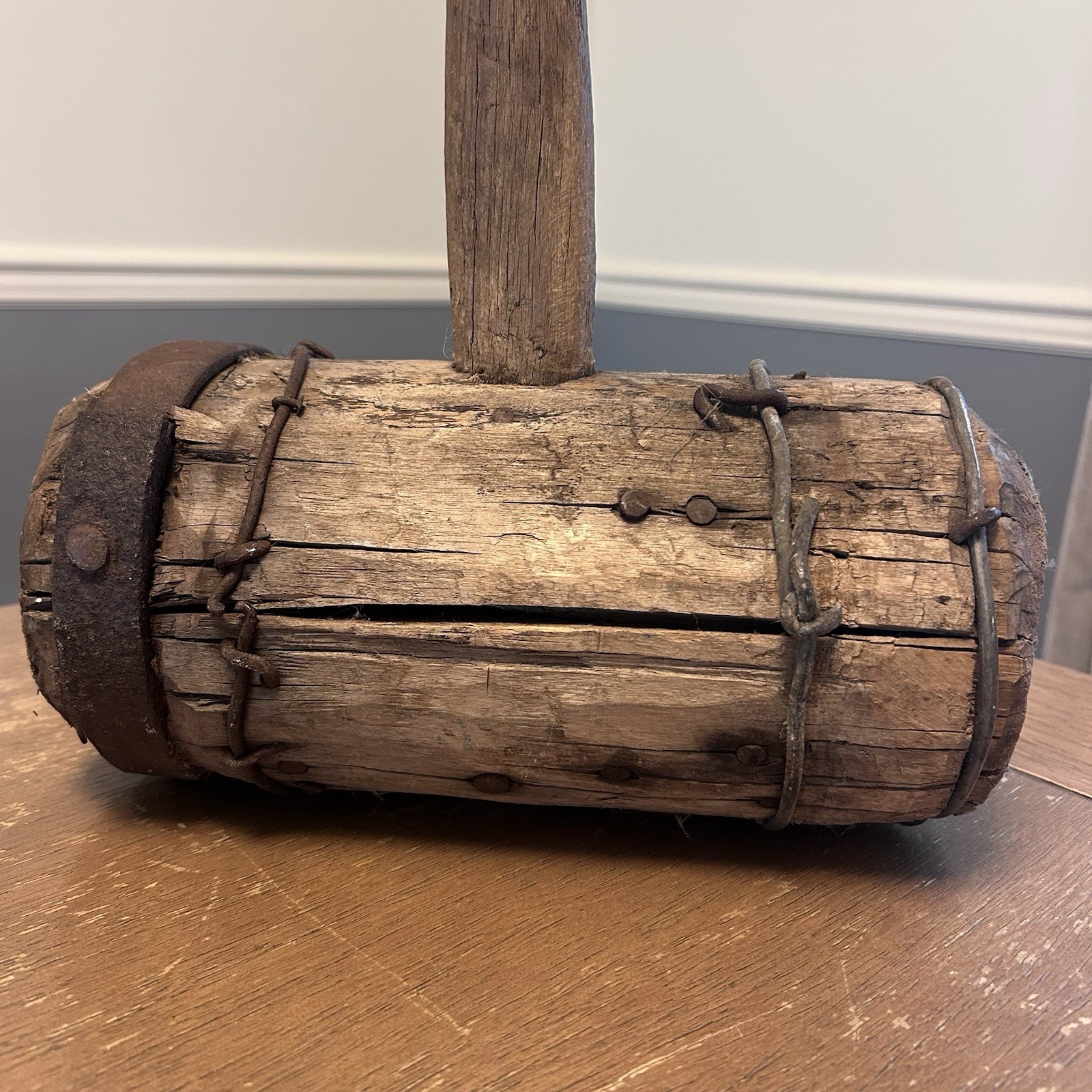 Antique Wooden Strongman Circus Mallet Banded Wire 29” 8 lbs Wood Striker Patina Antique Wooden Strongman Circus Mallet Banded Wire 29” 8 lbs Wood Striker Patina