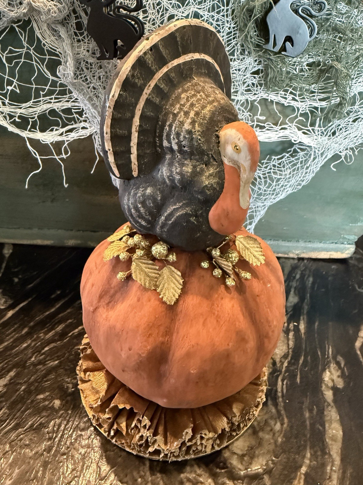 DEE FOUST For BETHANY LOWE Turkey On Pumpkin Paper Mache Thanksgiving Fall