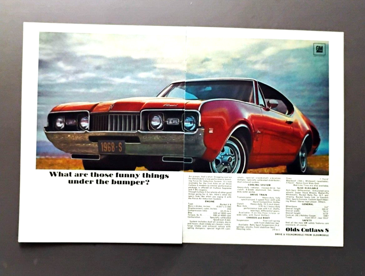 1968 Oldsmobile Olds Cutlass S Rocket V8 2 Page original auto ad print 1968 Oldsmobile Olds Cutlass S Rocket V8 2 Page original auto ad print
