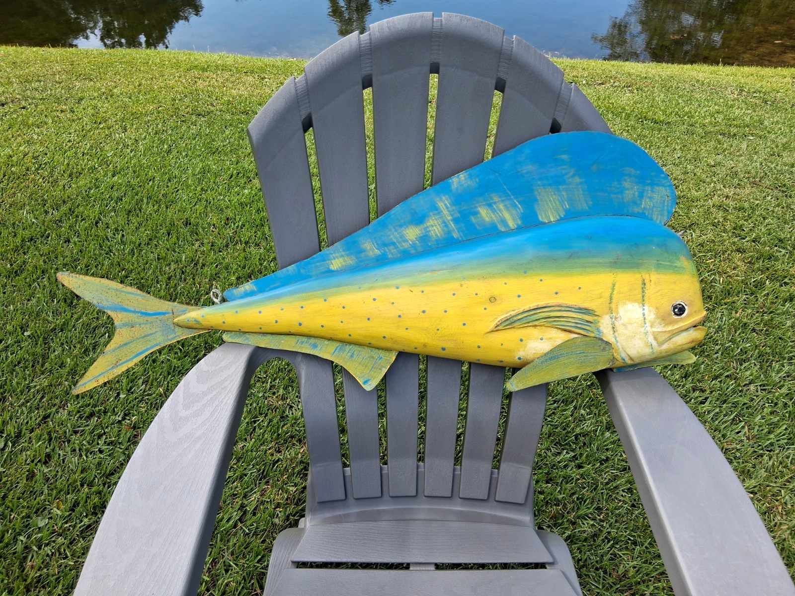 Vintage Large 37 Inch Mahi-Mahi Fish Handcrafted Wooden Body Metal Tail and Fins Vintage Large 37 Inch Mahi-Mahi Fish Handcrafted Wooden Body Metal Tail and Fins
