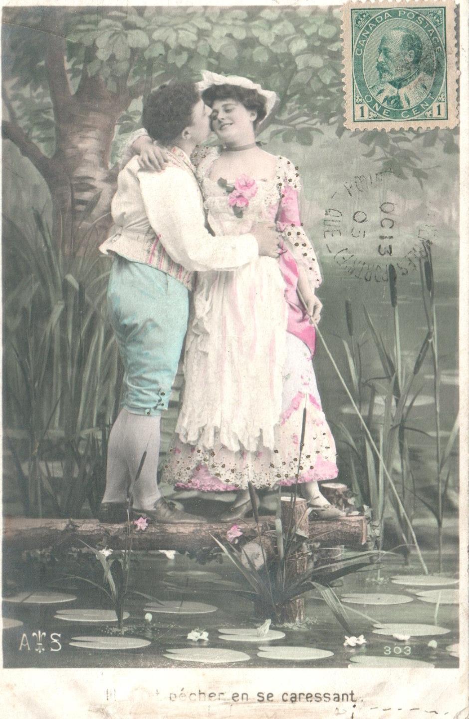 1905 VINTAGE France Hand Coloured Real Photo Lovers Walking near Pond POSTCARD