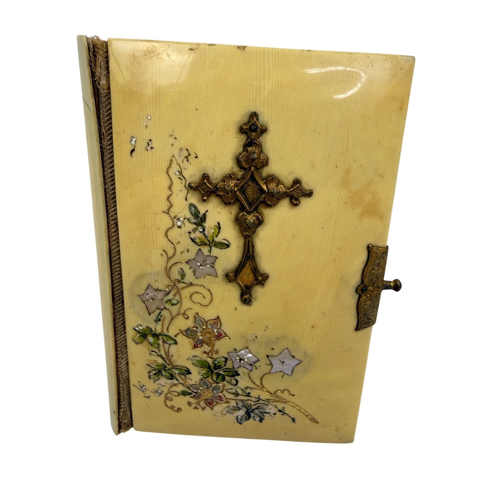 Antique 1902 The Key of Heaven Catholic Prayer Book Brass Cross Clasp - BE