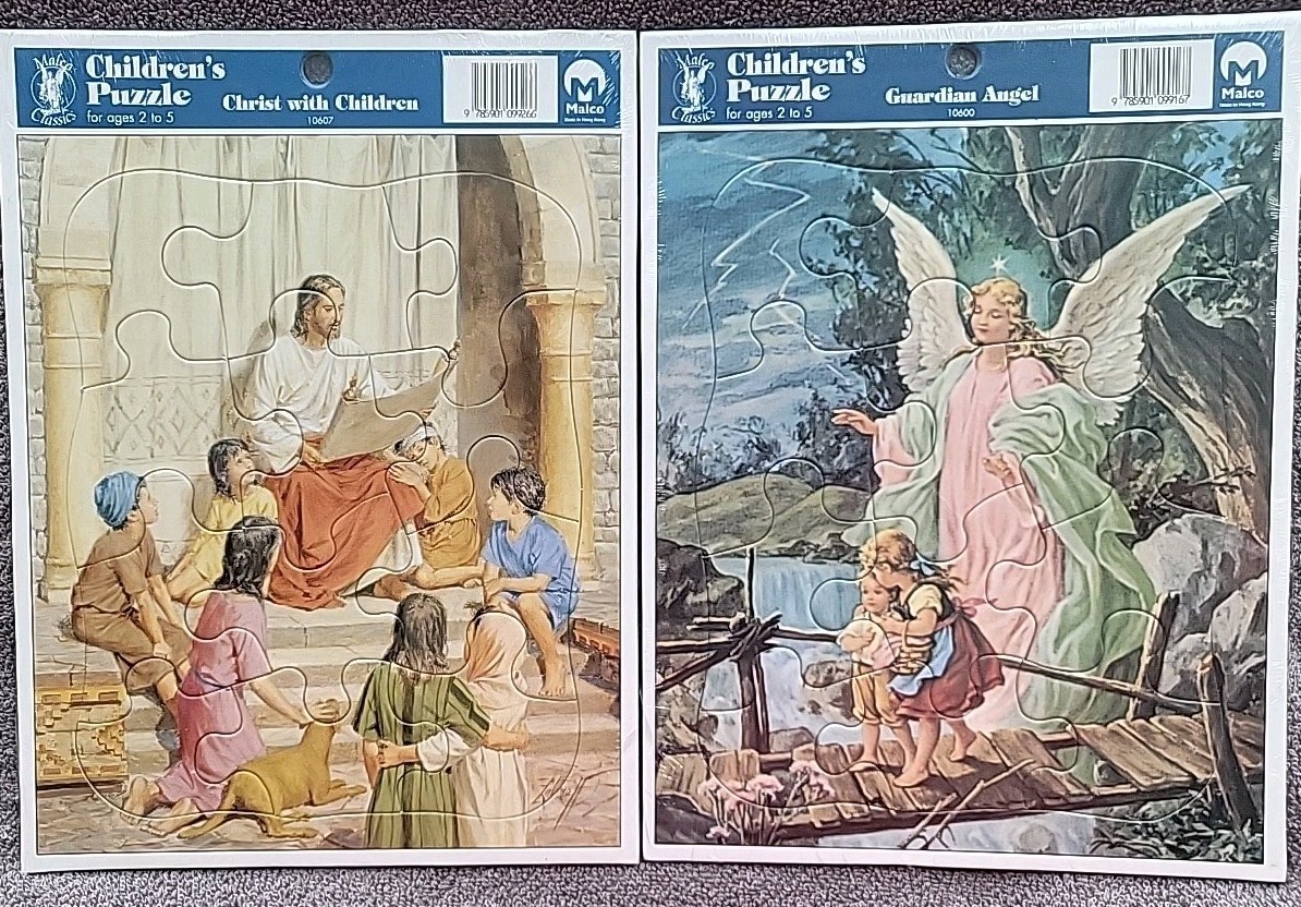 2 Childrens Puzzles 12 Pices Each Ages 2 To 5 Guardian Angel, Christ W/ Children 2 Childrens Puzzles 12 Pices Each Ages 2 To 5 Guardian Angel, Christ W/ Children