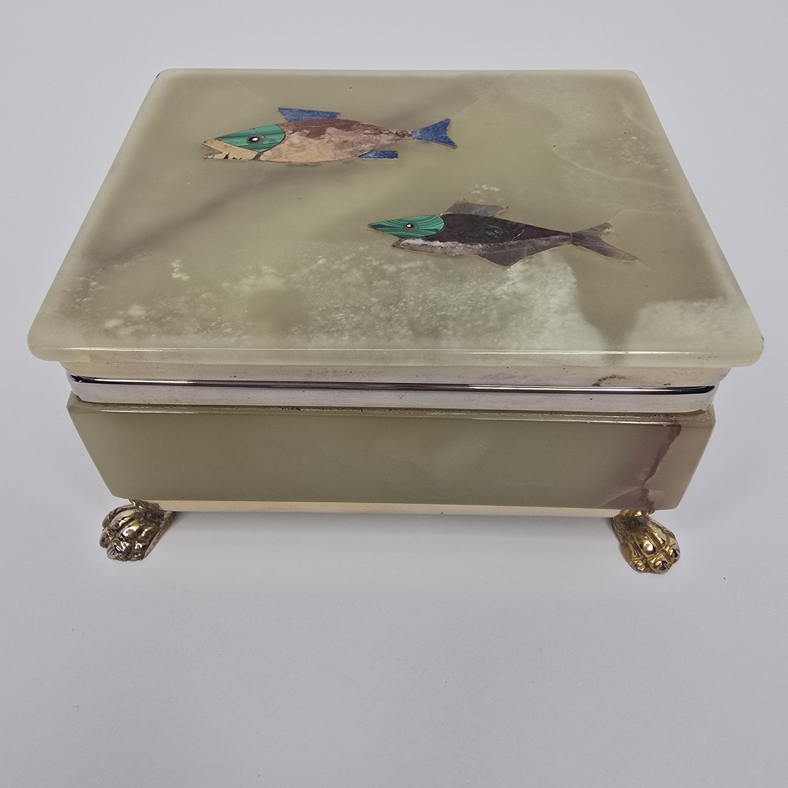 Vtg Italian Trinket Box Lions Claw Feet Inlaid Stone Fish Mexican Onyx 1964 