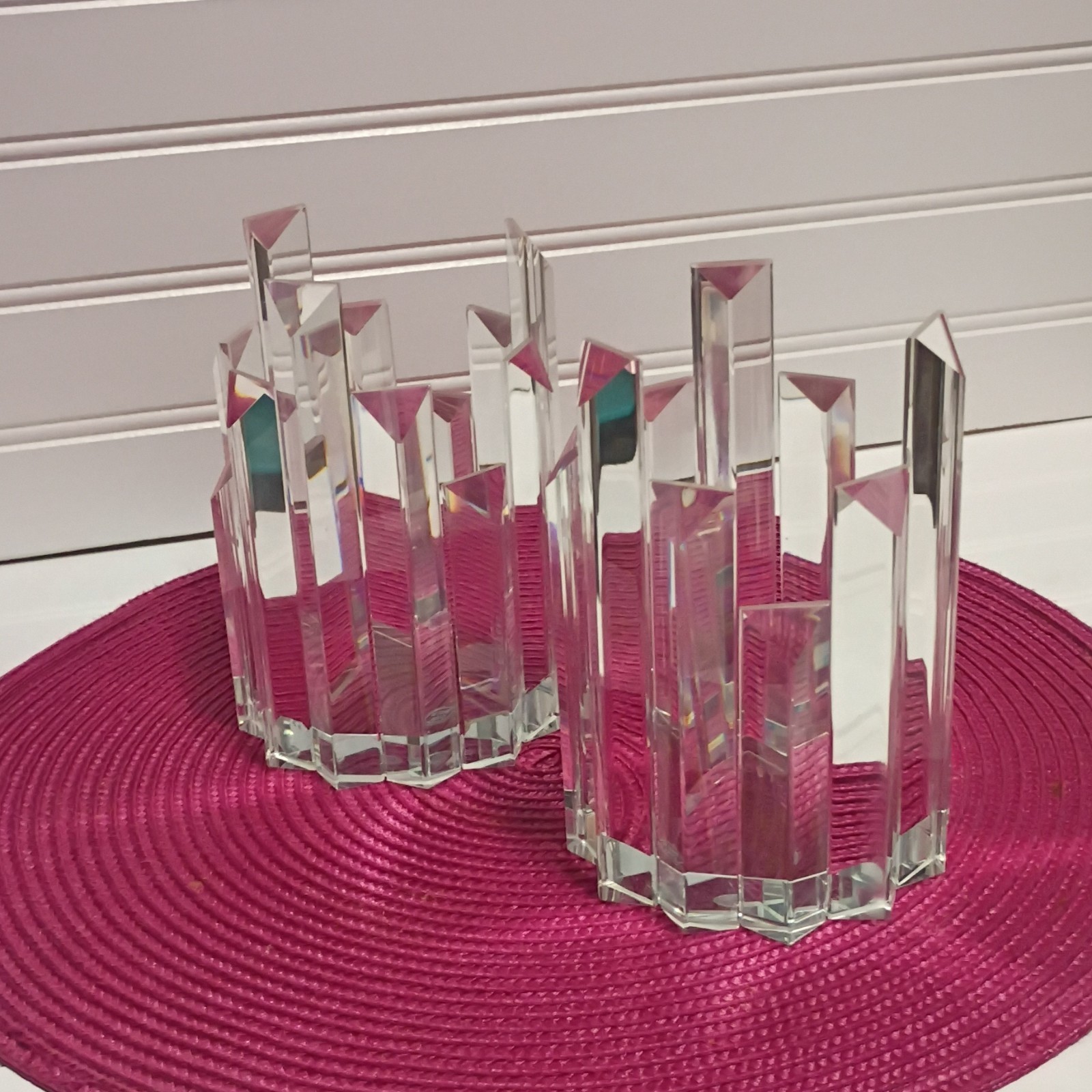PAIR Vintage Art Deco Style Crystal Candle Holder - Geometric Skyline Spire 6” PAIR Vintage Art Deco Style Crystal Candle Holder - Geometric Skyline Spire 6”