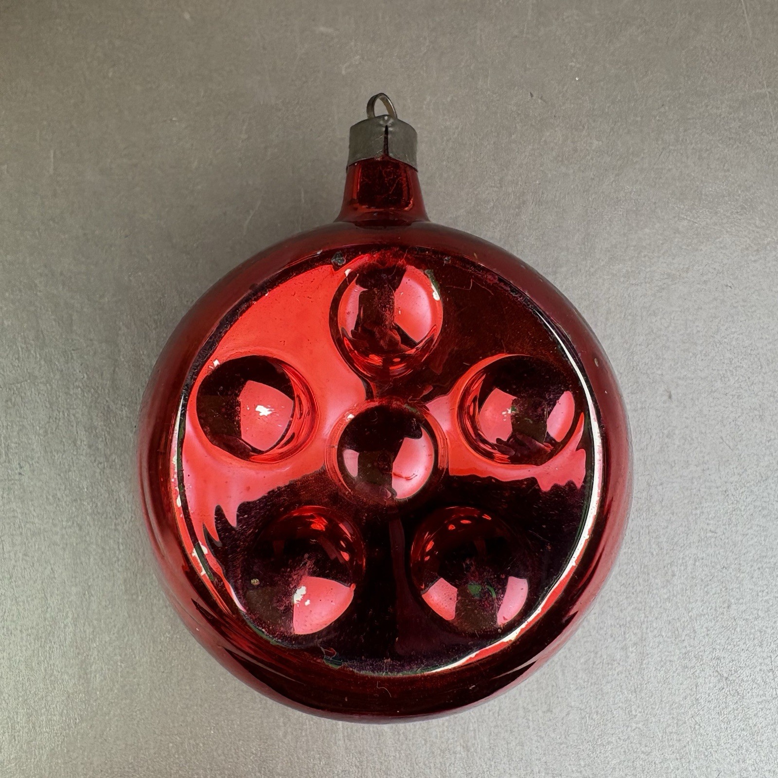 Vintage Prewar Premier Double Indent Embossed Flower Glass Xmas Ornament 3” Red