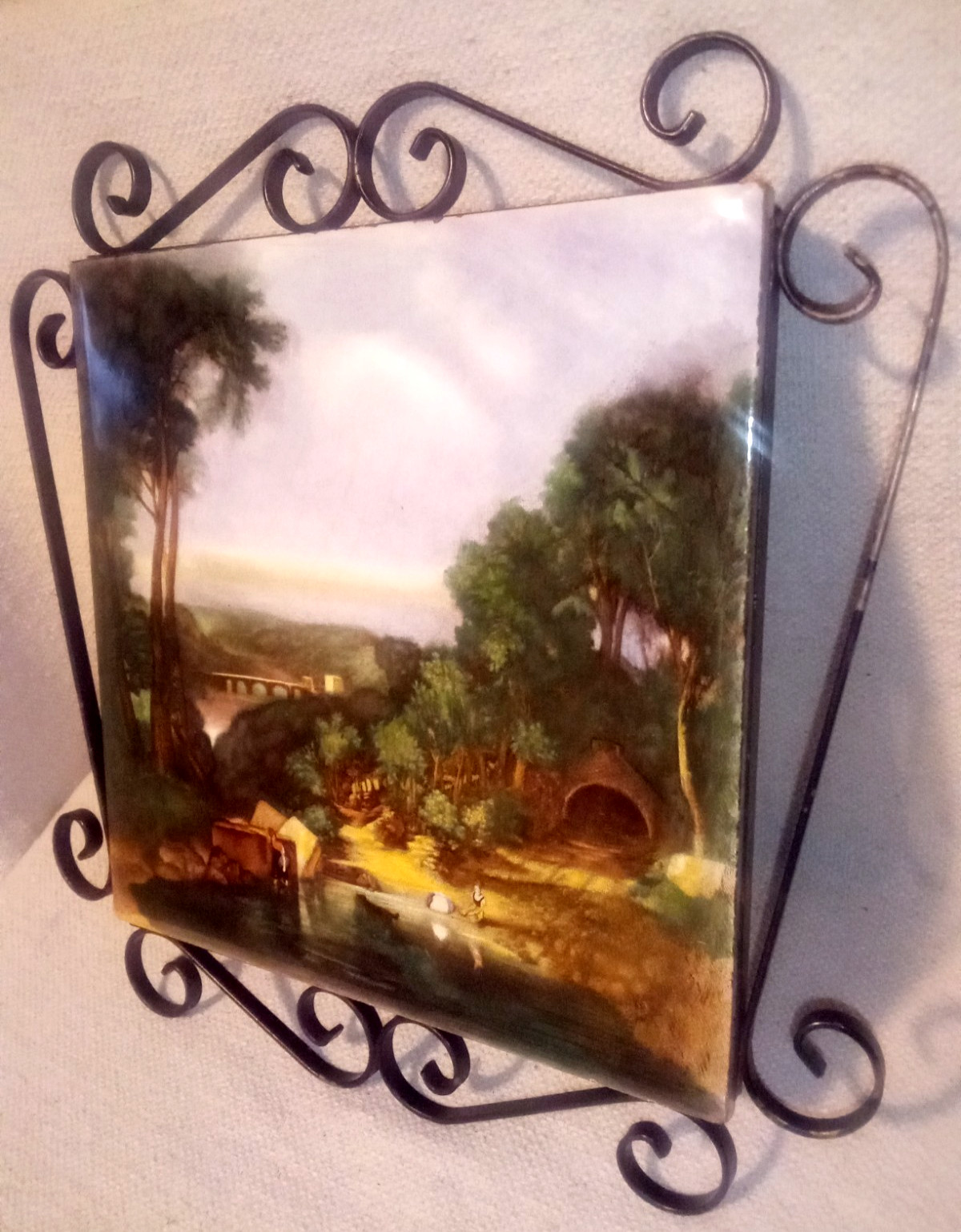 VTG Victorian Tile Landscape / People Scene set in Black Metal Scroll Frame 8x8 VTG Victorian Tile Landscape / People Scene set in Black Metal Scroll Frame 8x8