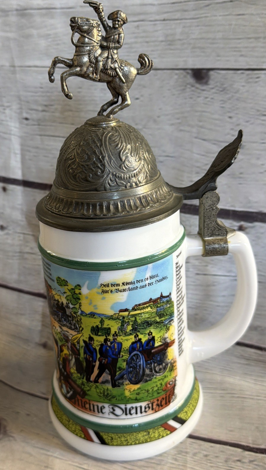Vintage West Germany Military Beer Stein Pewter Style Horse Rider Lid 10.5”