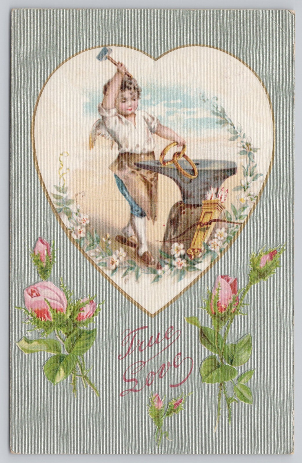 Cupid Blacksmith Creating Wedding Rings True Love Divided Back Postcard c1910