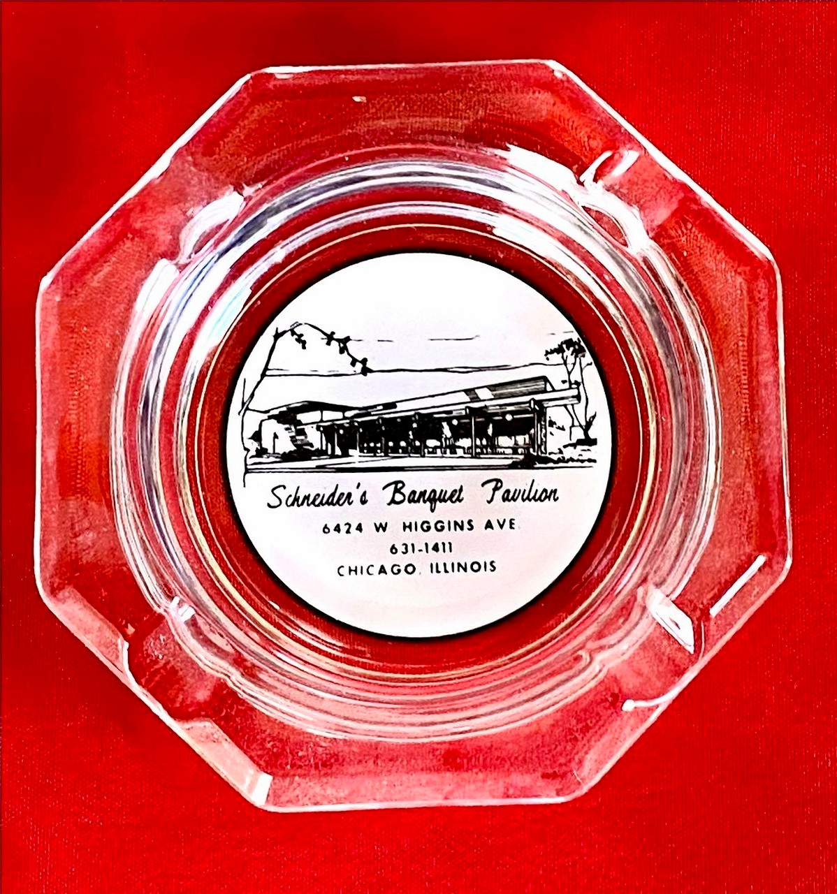 Vintage Glass Marketing Ashtray Schneider's Banquet Pavilion Higgins Av. Chicago Vintage Glass Marketing Ashtray Schneider's Banquet Pavilion Higgins Av. Chicago