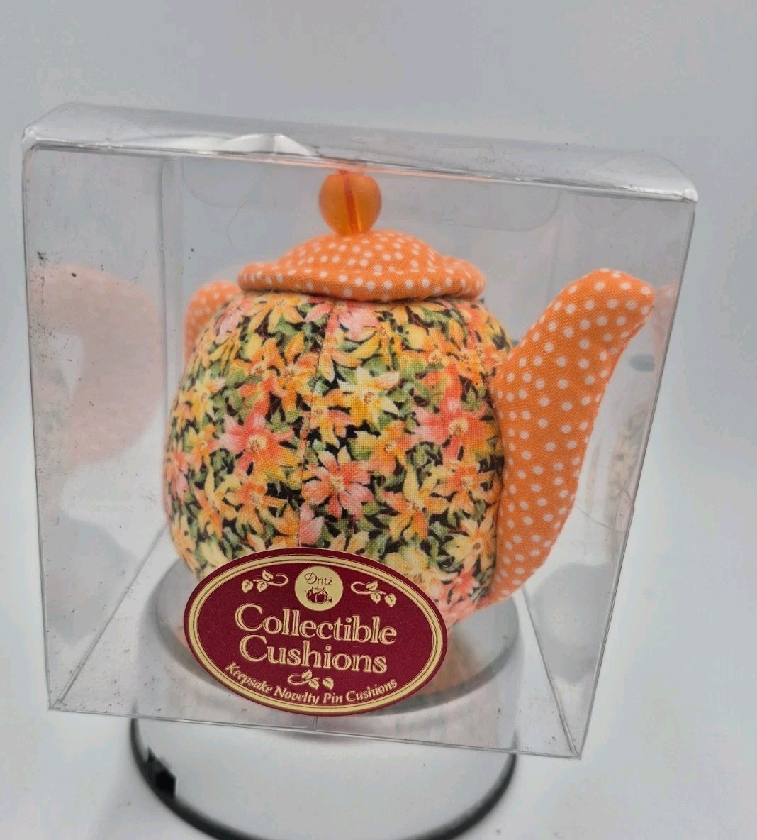 Dritz Collectible Pin Cushion Teapot Floral Pattern Orange Yellow Keepsake Vtg Dritz Collectible Pin Cushion Teapot Floral Pattern Orange Yellow Keepsake Vtg