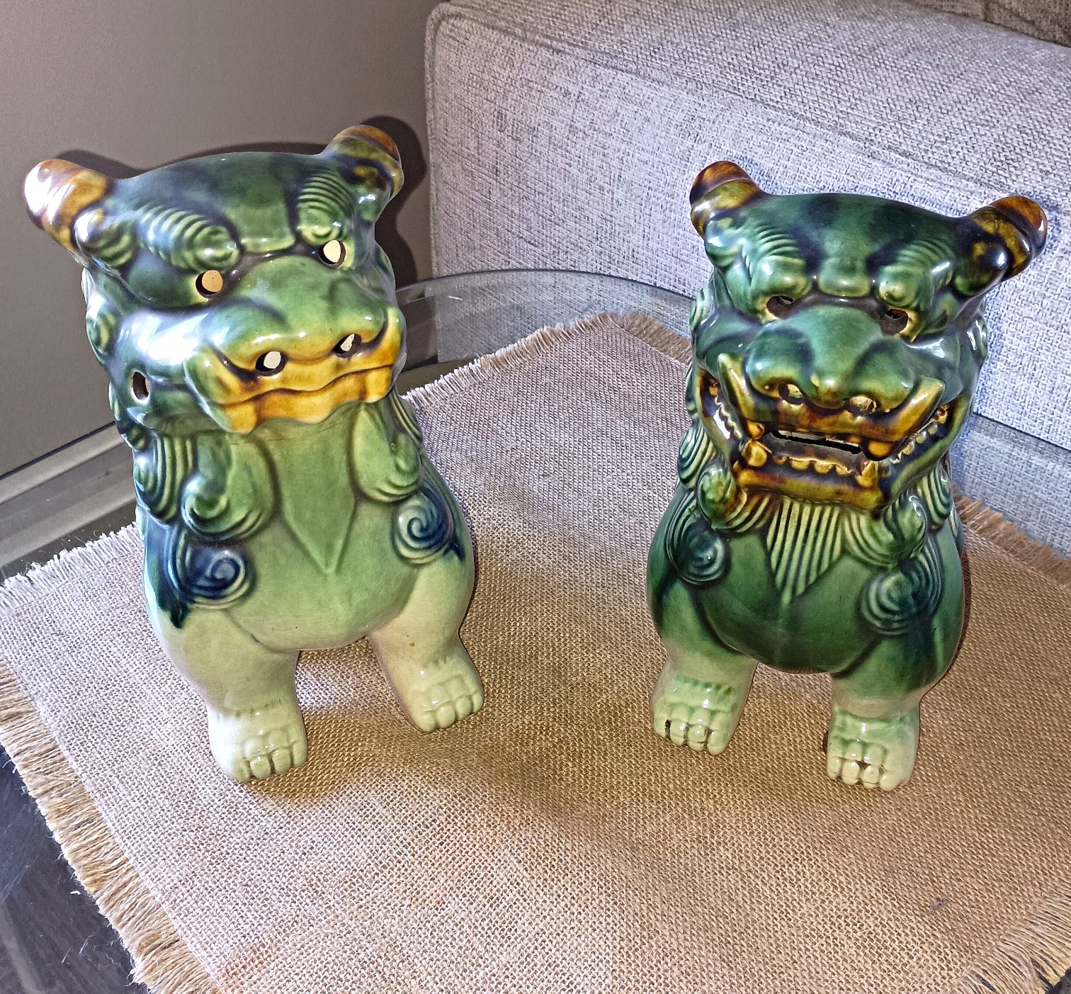 Vintage Blue Green Pair Foo Dogs Chinese Guardian Lions Ceramic Figures 9