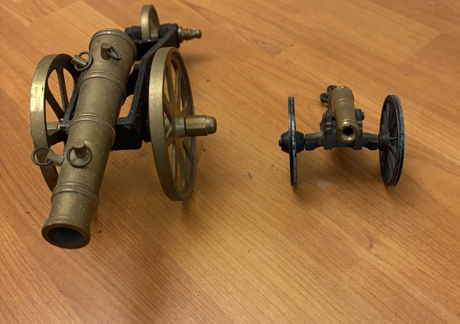 Vintage Miniature Brass Cannon Replicas Cast Iron Carriages Set of 2 Vintage Miniature Brass Cannon Replicas Cast Iron Carriages Set of 2