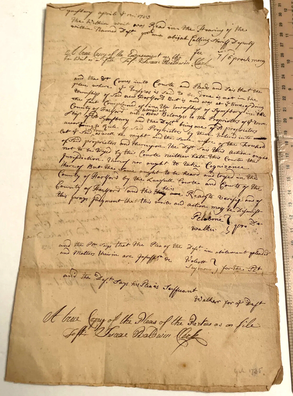 1763 CT Legal Manuscript Abatement Plea Simsbury New Hartford Isaac Baldwin sign 1763 CT Legal Manuscript Abatement Plea Simsbury New Hartford Isaac Baldwin sign