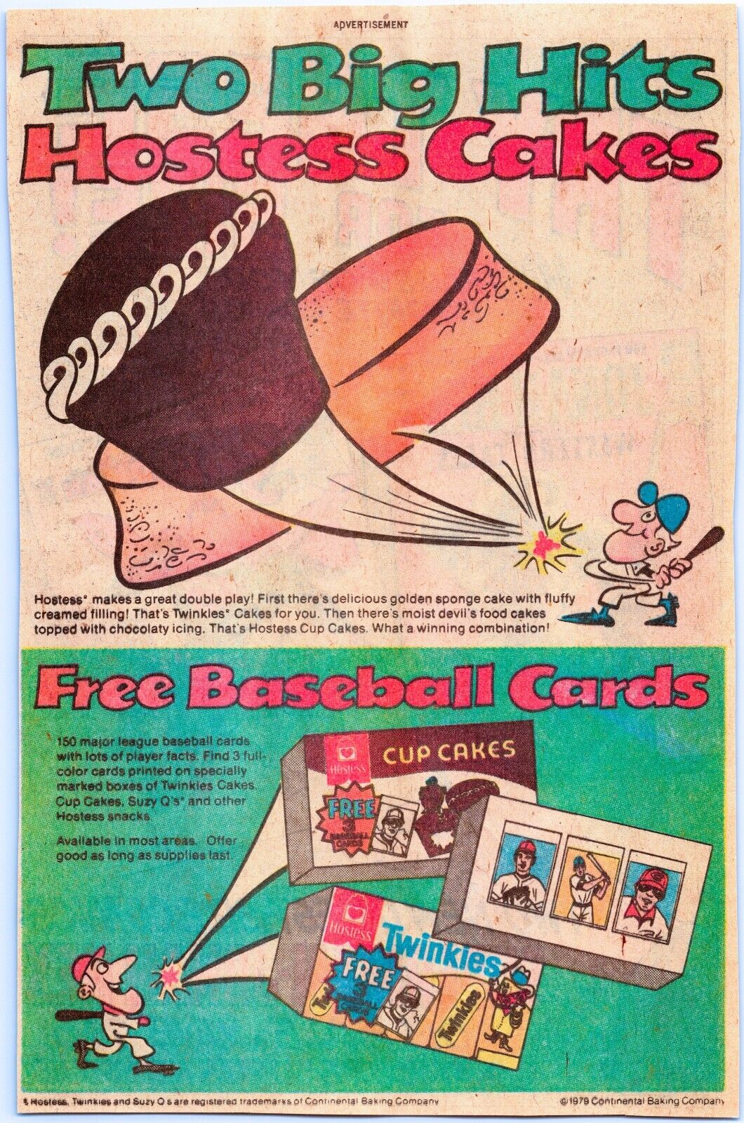 VINTAGE PRINT ADVERTISING HOSTESS Twinkies Cupcakes and Baseball Cards - 1979