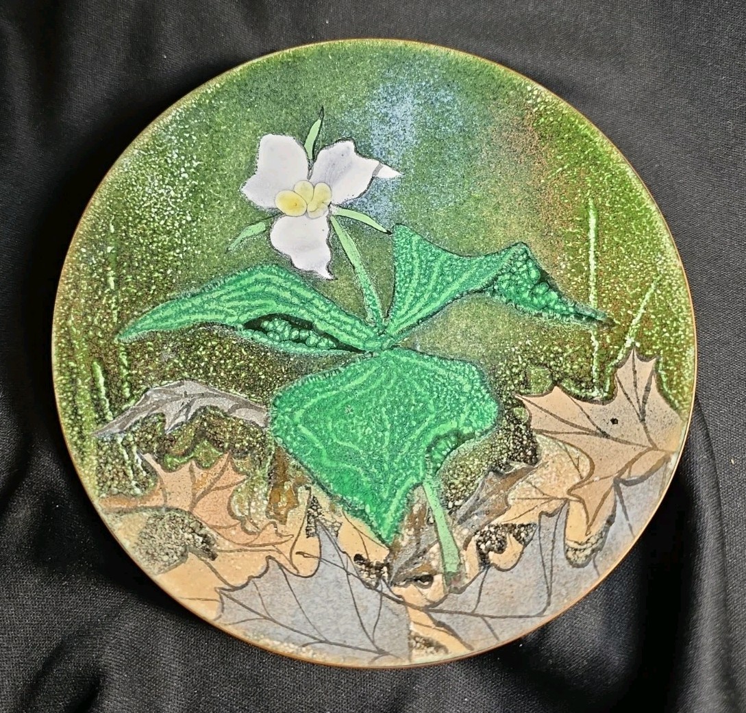 Vtg Norman Brumm Enamel On Copper White Trillium Flower & Autumn Leaves Signed 