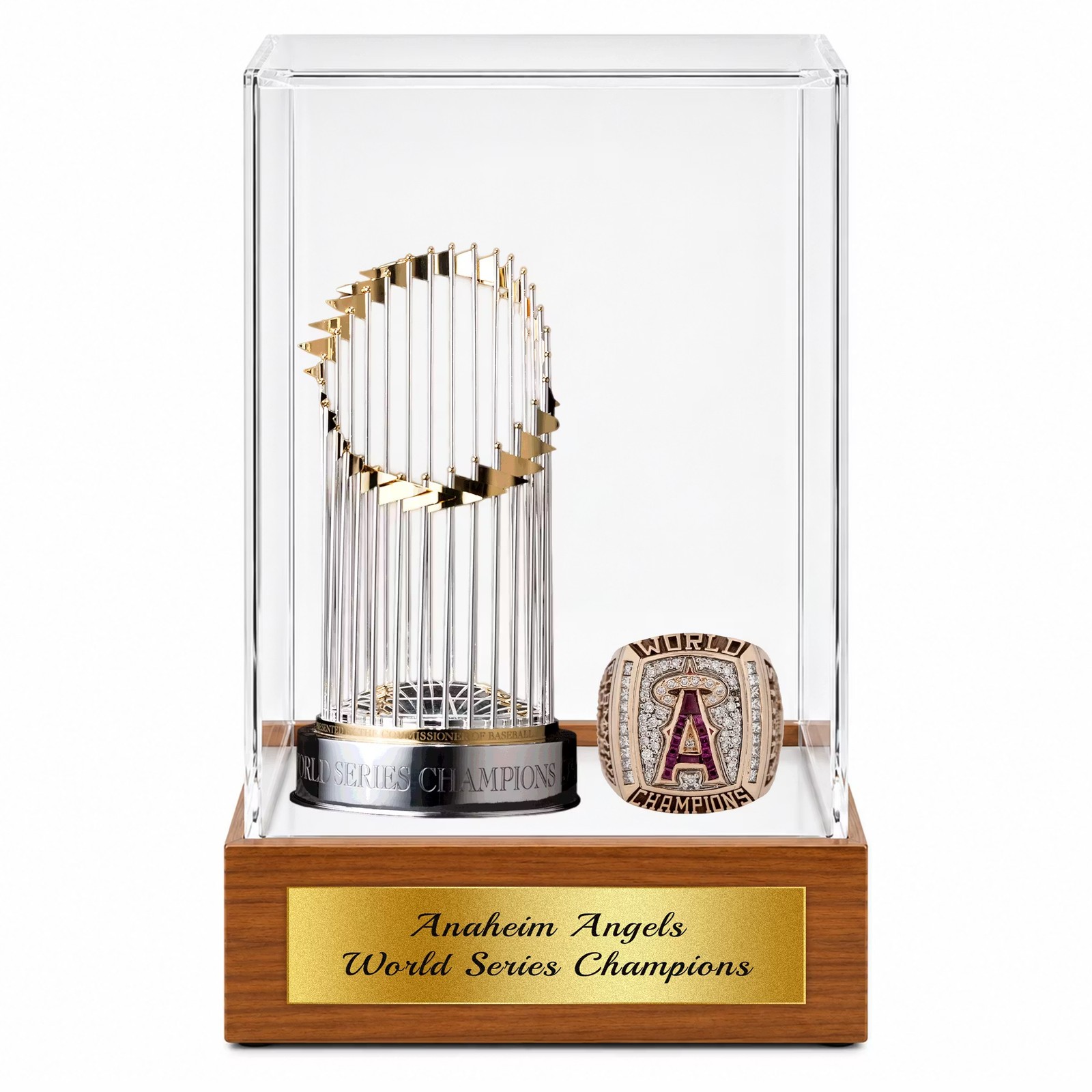 LED Acrylic Display Case Wood Base Trophy Ring Anaheim Angels Theme LED Acrylic Display Case Wood Base Trophy Ring Anaheim Angels Theme