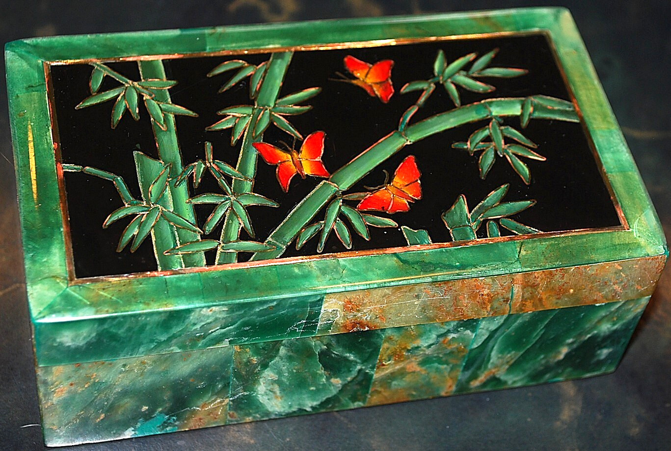 Vtg CHINESE JADE & INLAID ENAMEL BUTTERFLIES Jewelry/ Trinket Box HEAVY 5.25