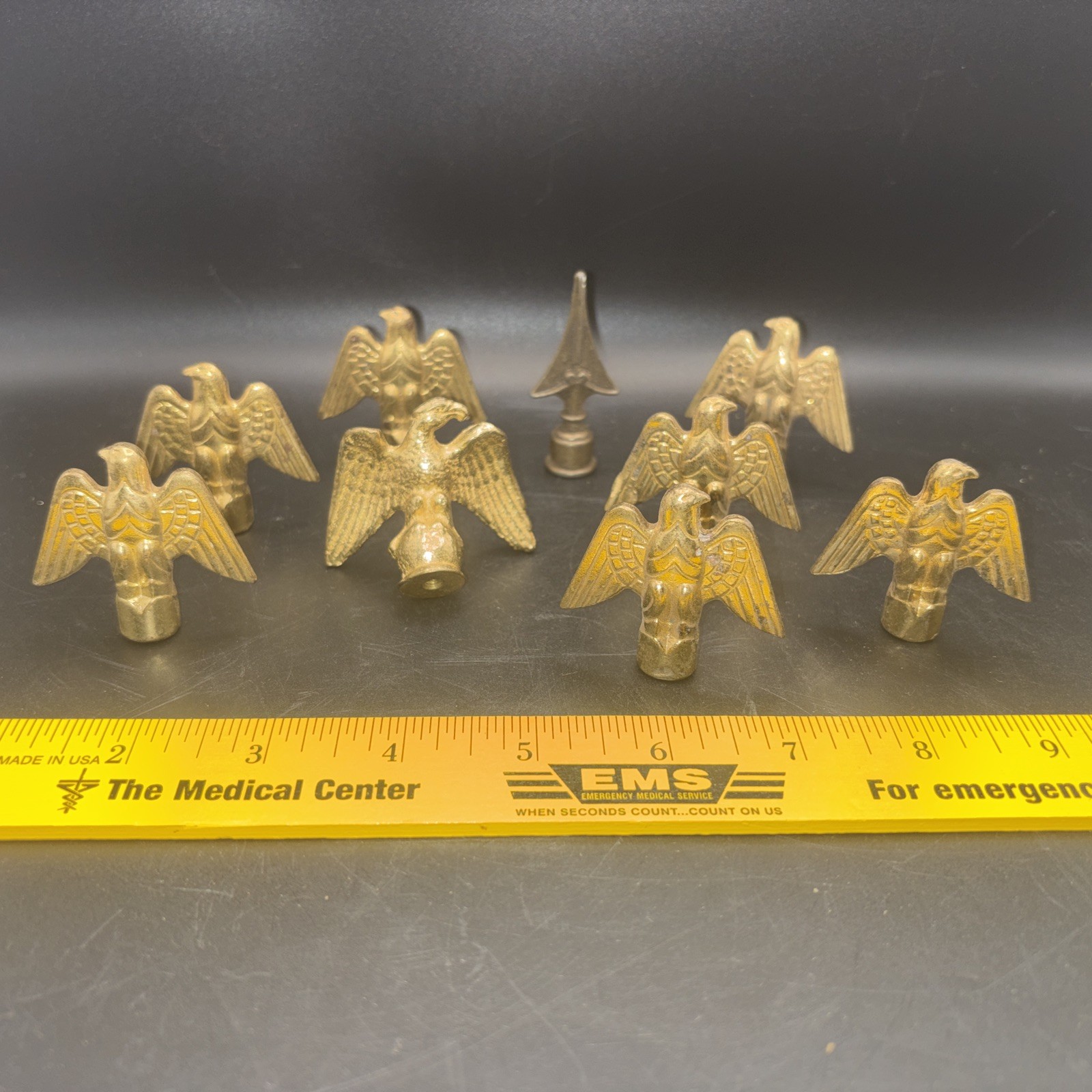 Lot of 8 Vintage Brass Eagle Finials + 1 Spear Topper Lamp Flag Pole Parts