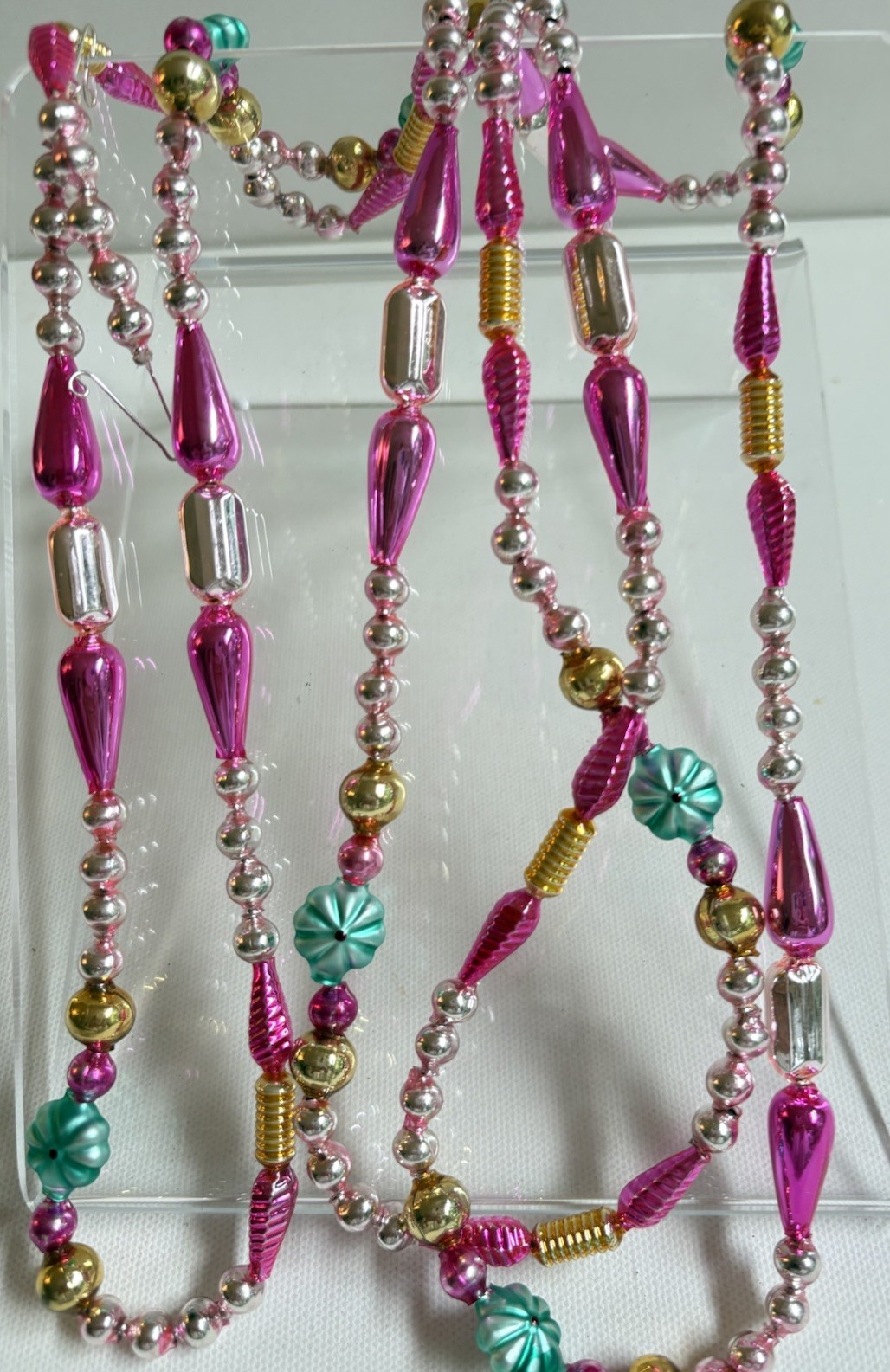 GORGEOUS Vintage Mercury Glass Bead Garland W Shaped Czech Beads 74” (509)