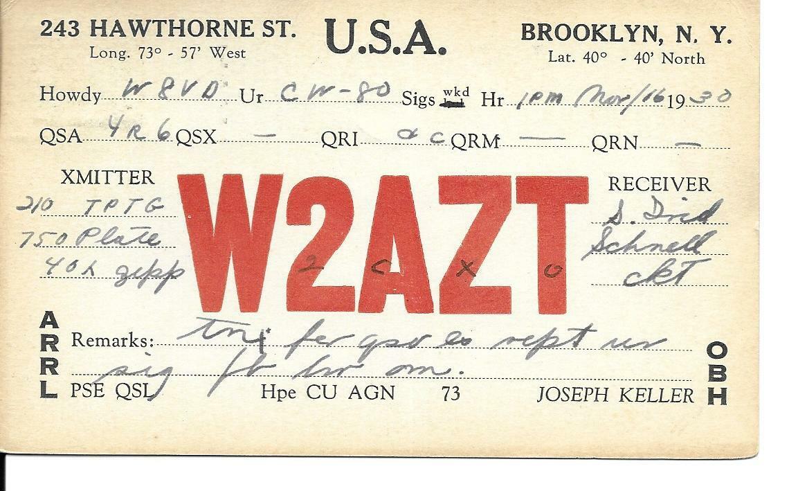 QSL  1930 Brooklyn NY   radio card   