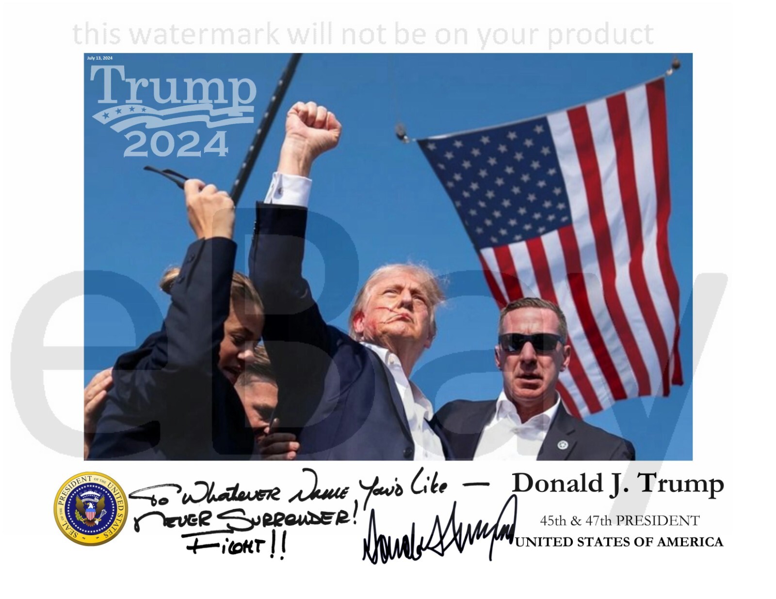 CUSTOM President Donald Trump assassination attempt autographed photograph 8x10
