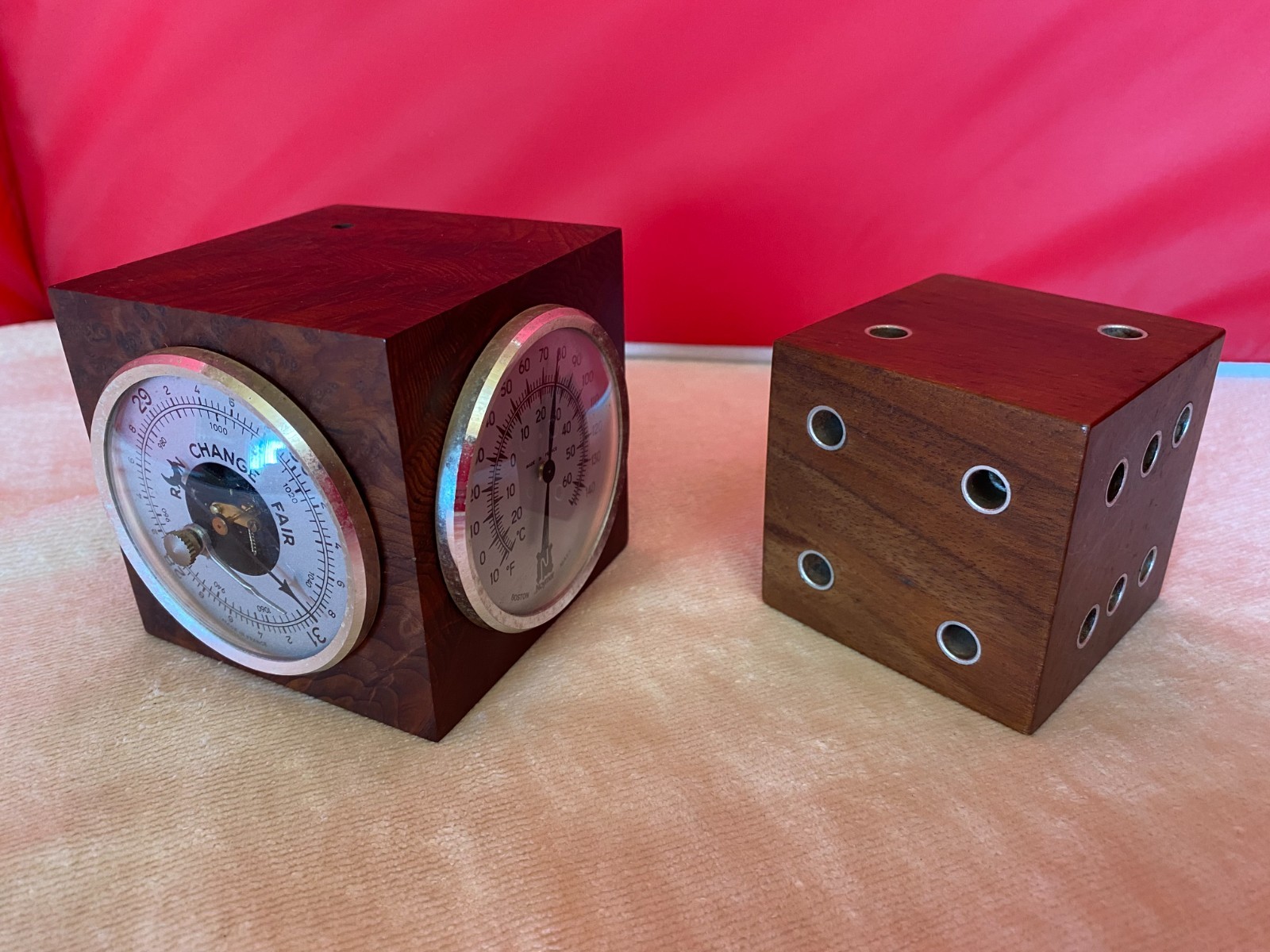 Vintage MCM P.R.Christian CA solid wood Desk Set Barometer Weather Station & die
