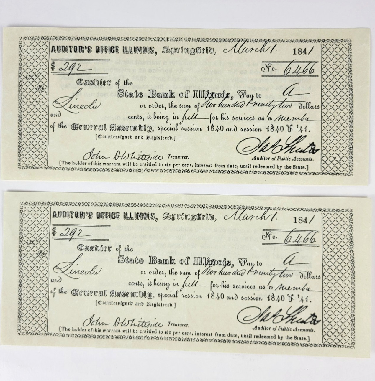 Vintage Abraham Lincoln 1841 Illinois General Assembly Pay Document Souvenir Set Vintage Abraham Lincoln 1841 Illinois General Assembly Pay Document Souvenir Set