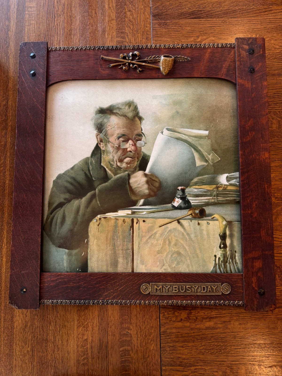Antique Arts & Crafts Mission Oak Frame - My Busy Day Chromolithograph Late 1800 Antique Arts & Crafts Mission Oak Frame - My Busy Day Chromolithograph Late 1800