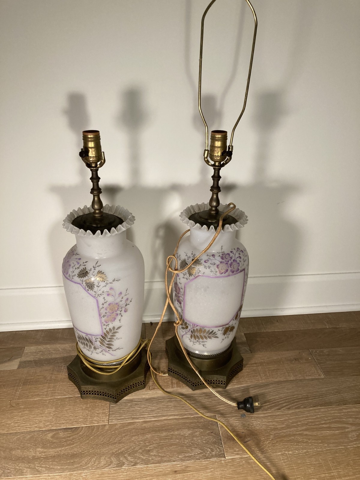 VTG Pair Hand Painted Milk Glass Lamps Brass Filigree Base Victorian-UNTESTED VTG Pair Hand Painted Milk Glass Lamps Brass Filigree Base Victorian-UNTESTED