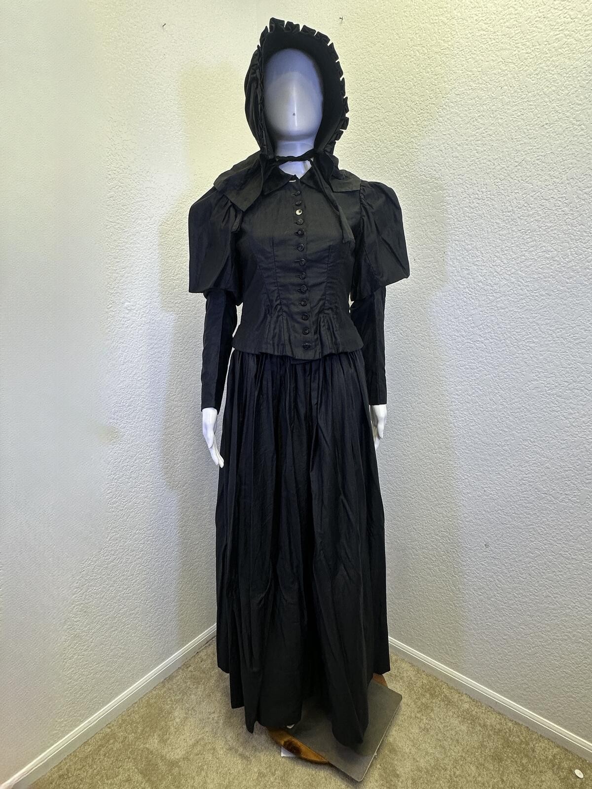VTG 1890s Black Silk Mourning Victorian Gothic Bodice Skirt Bonnet VTG 1890s Black Silk Mourning Victorian Gothic Bodice Skirt Bonnet