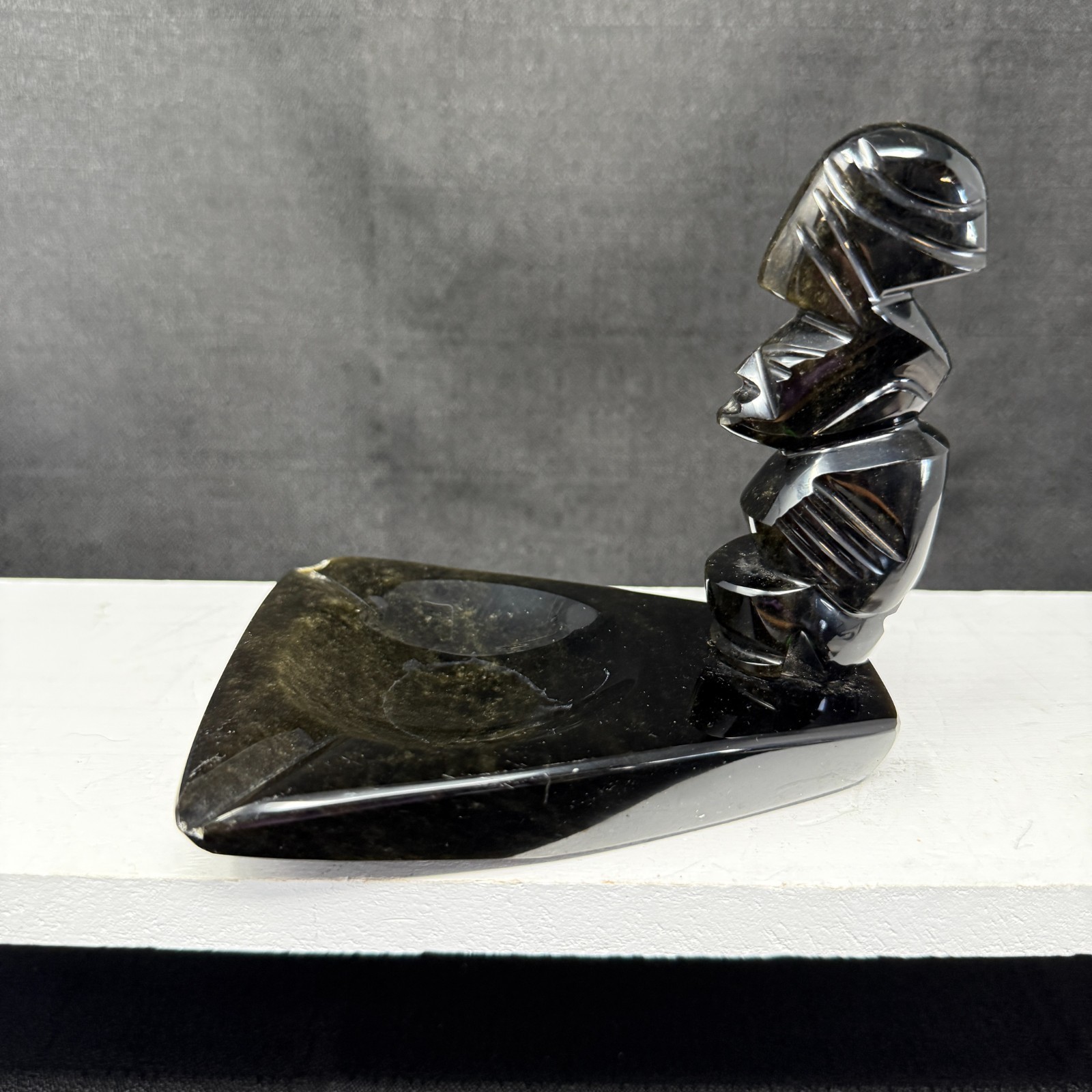 VTG Hand Carved Obsidian Stone Mayan Aztec Ash Tray See Pics