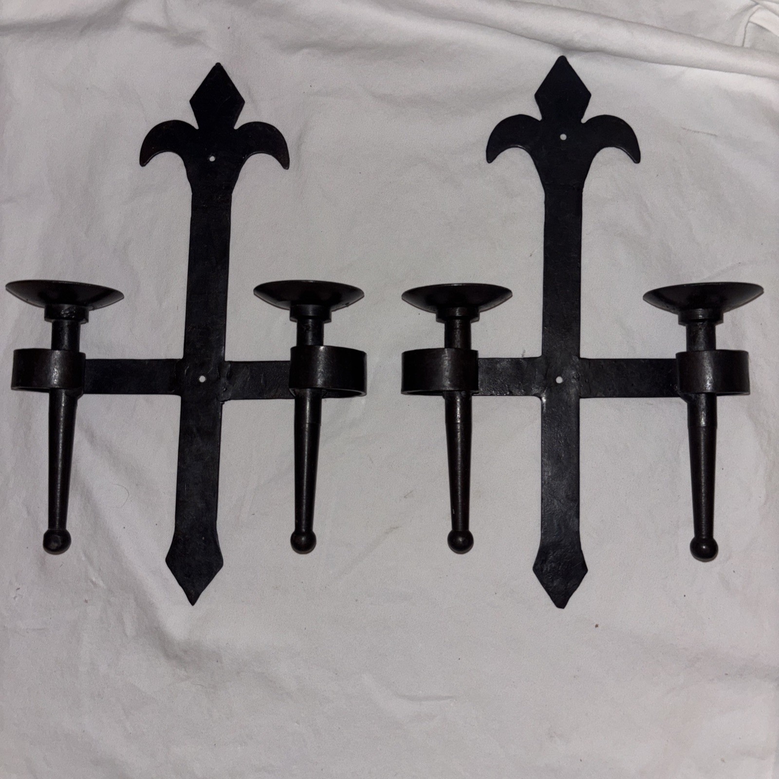 Pair Antique / Vintage Wrought Iron Wall Candle Sconces | Heavy Fleur-De-Lis Pair Antique / Vintage Wrought Iron Wall Candle Sconces | Heavy Fleur-De-Lis
