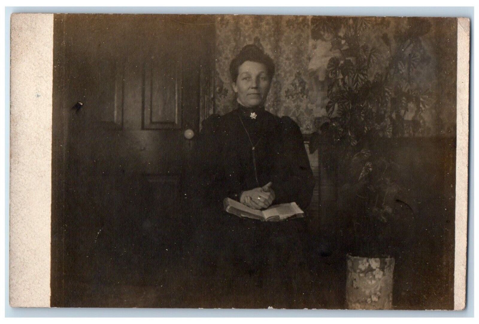 c1910\'s House Room Interior Candid Girl Black Dress Reading RPPC Photo Postcard