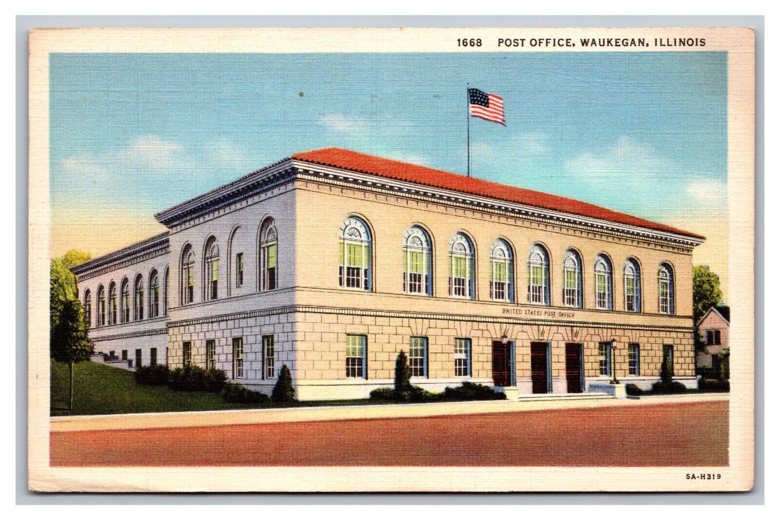 Waukegan IL Illinois U. S. Post Office #1668 Linen Postcard Posted 1935