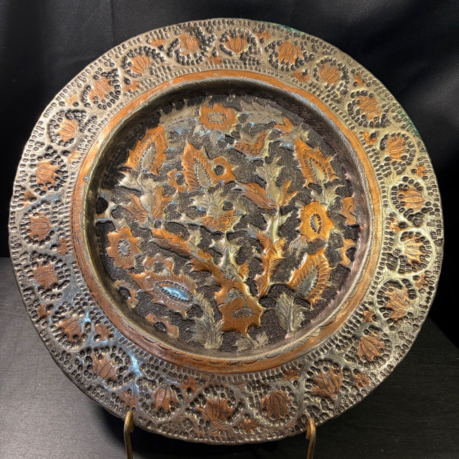 Vintage Mixed Metal Repousse Floral Wall Plate 13 Inch Copper Brass Silver Tone