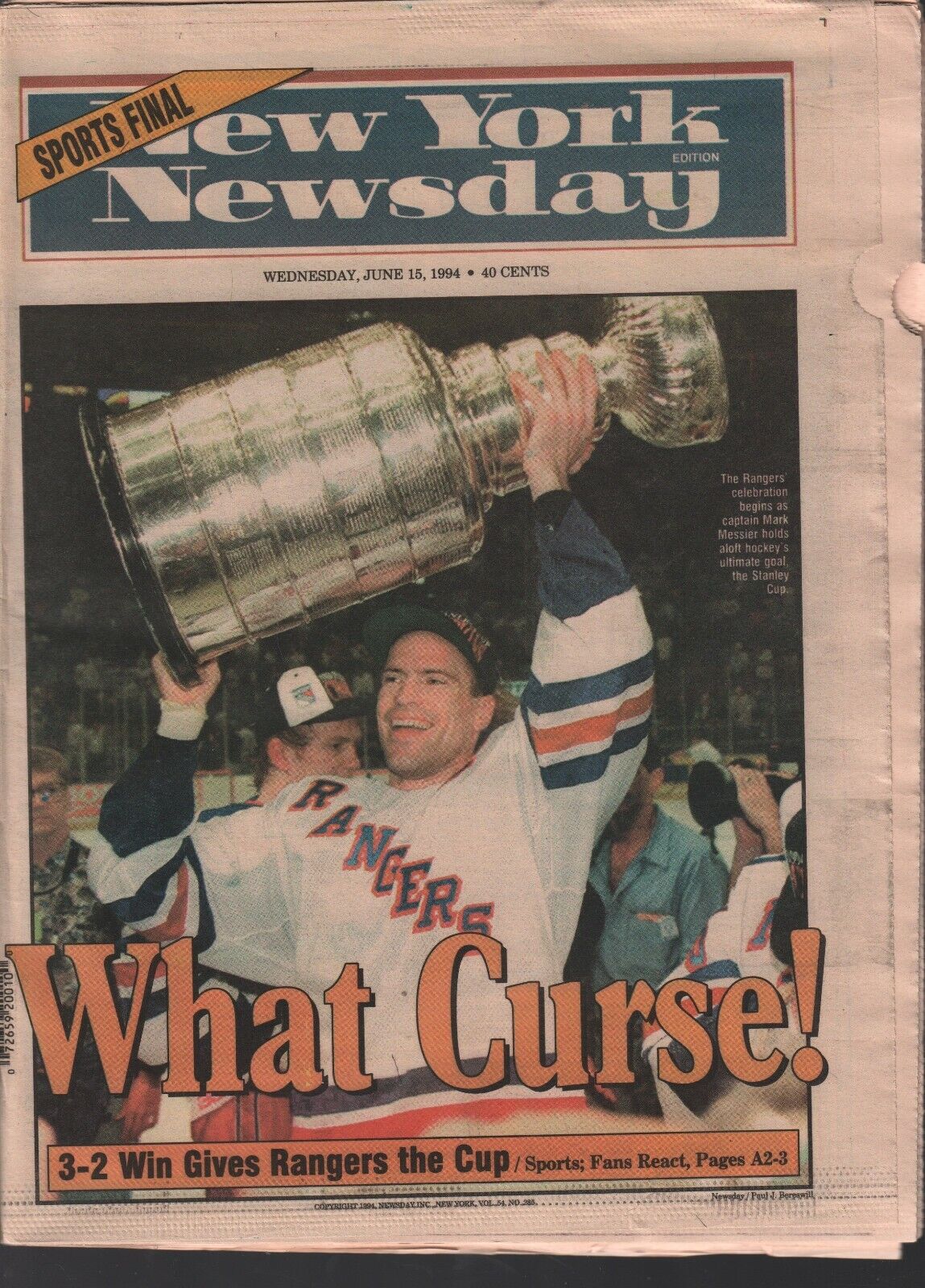 New York Newsday June 15 1994 Rangers Stanley Cup Mark Messier 090320AME