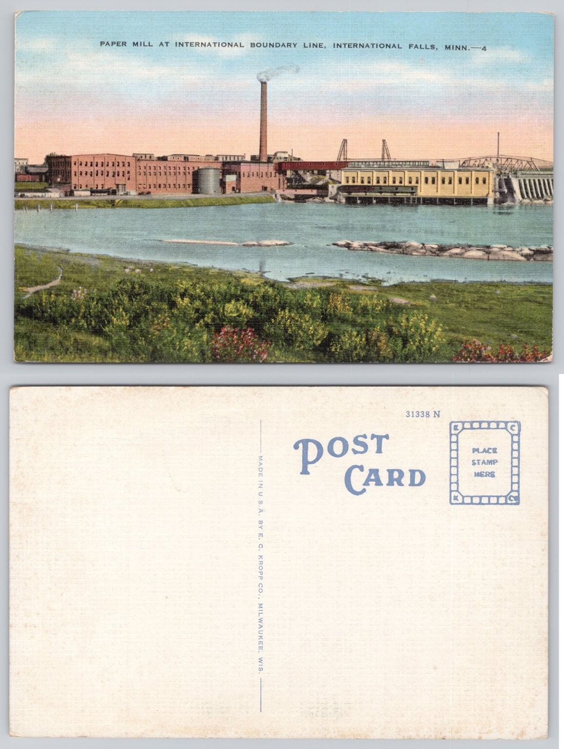 Vintage Linen Postcard: Paper Mill International Falls, MN E. C. Kropp
