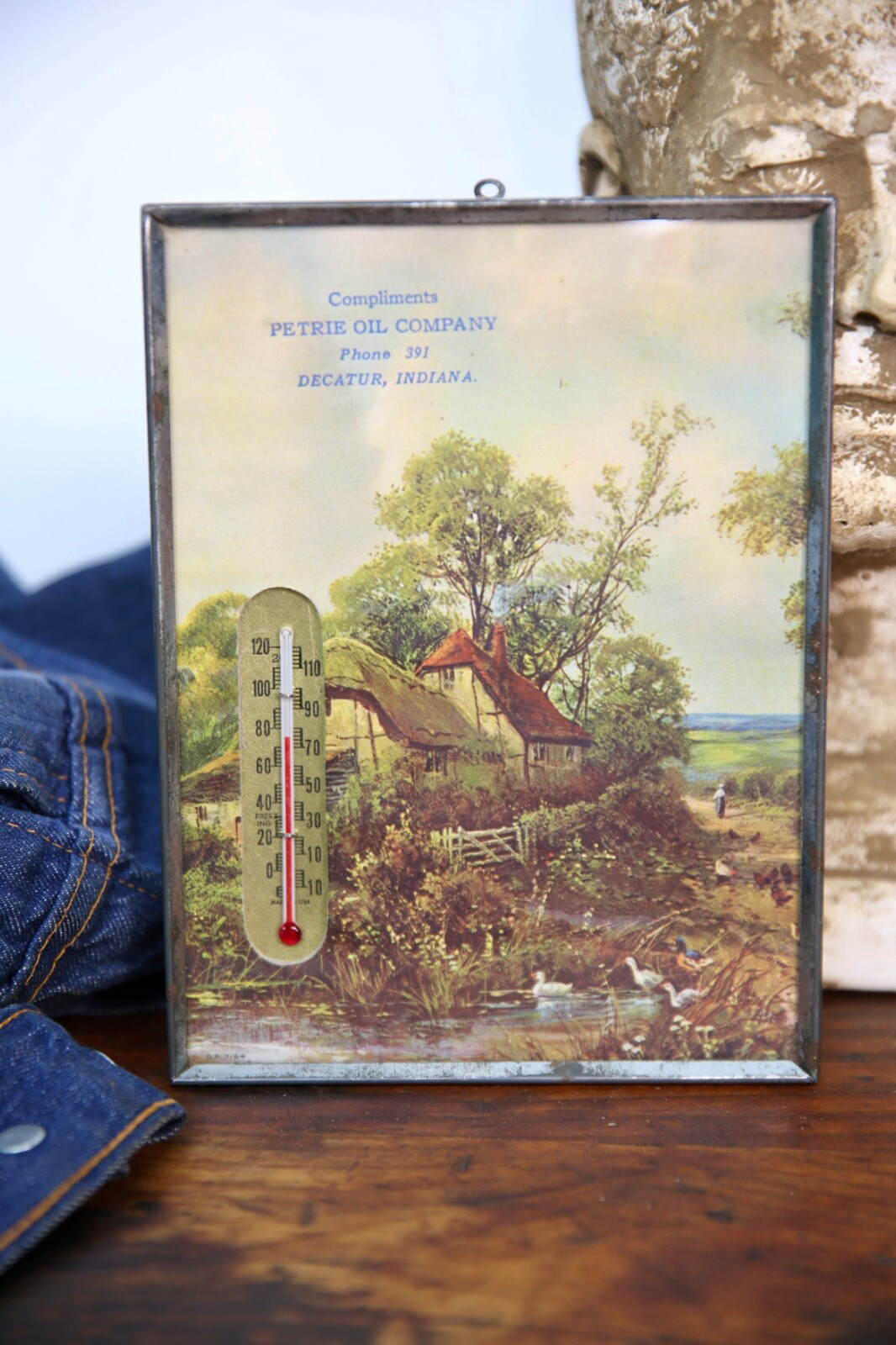 Vintage Petrie Oil Co Glass Thermometer Barn Farm Sign Decatur Indiana picture Vintage Petrie Oil Co Glass Thermometer Barn Farm Sign Decatur Indiana picture