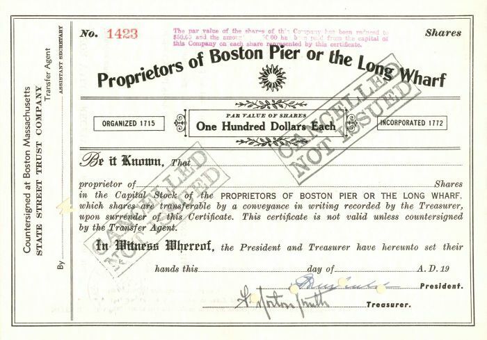 Proprietors of Boston Pier or the Long Wharf - Stock Certificate - Shipping Stoc