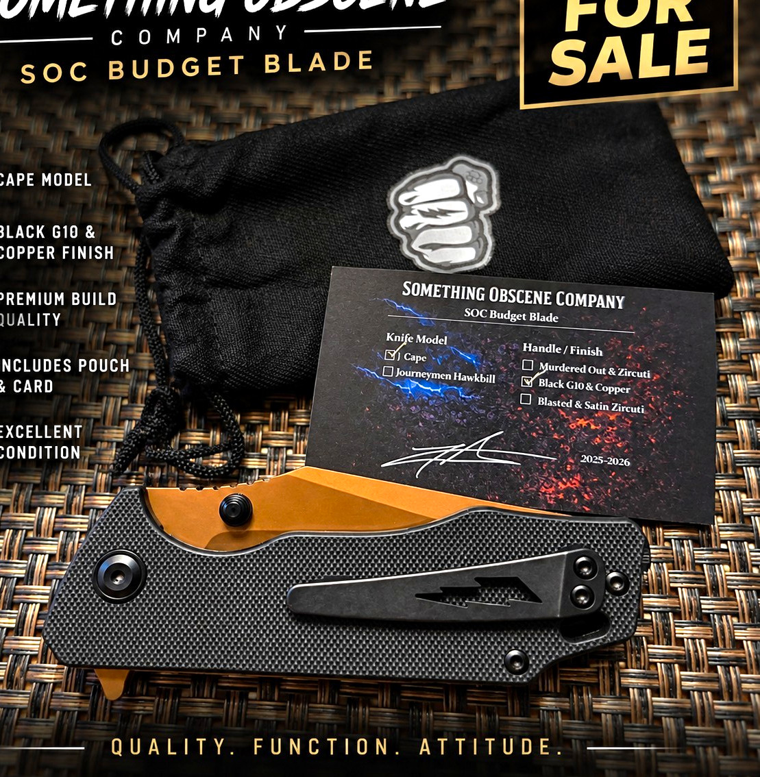 Something Obscene Company SOC Budget Blade Cape Black G10 SS Drop Point Liner