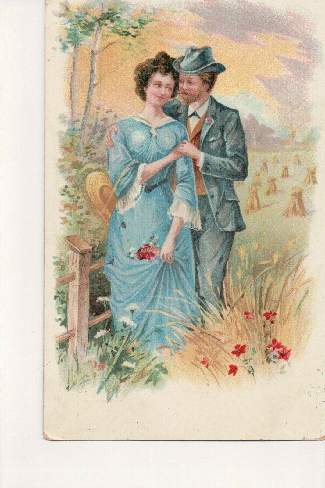 Loving Couple walking in a field, 1908, Richmond MO. to Parsons KS, great colors