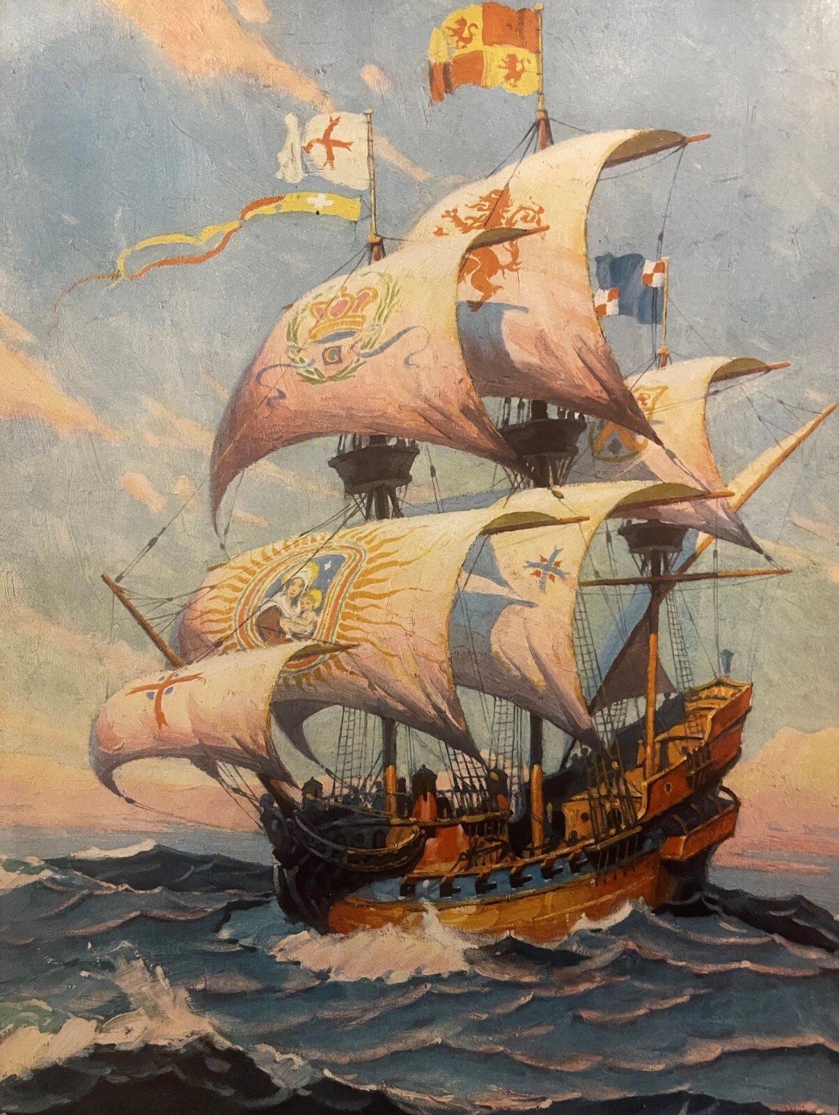 Antique 1930s Spanish Galleon Print 🌊 Heraldic Sails Nautical Ship Art