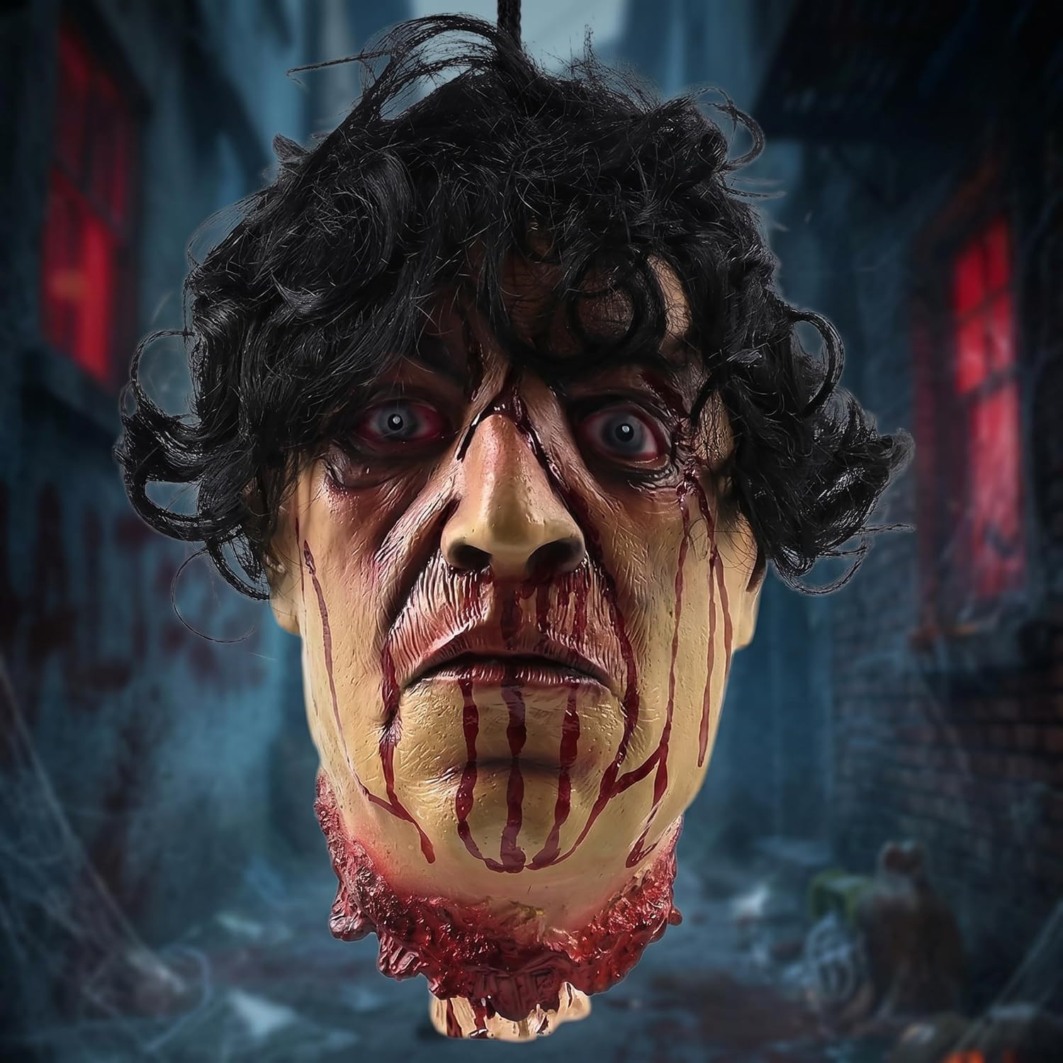 Hanging Severed Head Halloween Prop, Life-Size Latex Zombie Head for Haunted Hou