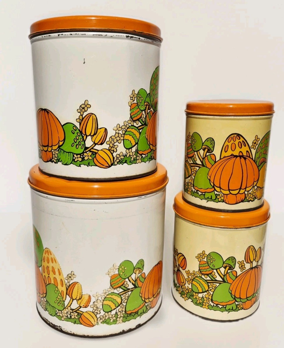 4 RARE VINTAGE 1970’s BALLONOFF METAL MUSHROOM CANISTERS W/ ORANGE LIDS ~ RETRO 4 RARE VINTAGE 1970’s BALLONOFF METAL MUSHROOM CANISTERS W/ ORANGE LIDS ~ RETRO