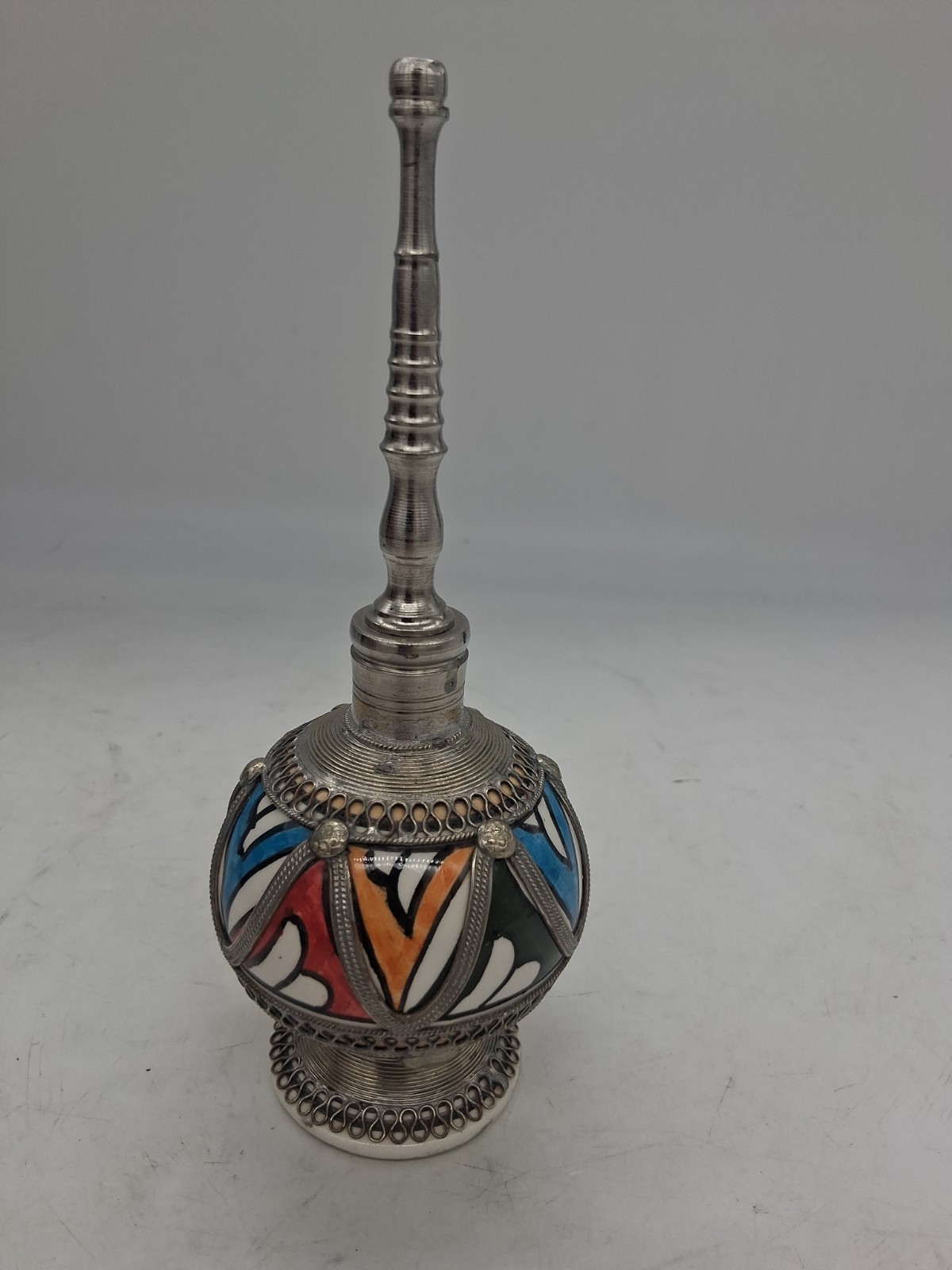 Vintage Moroccan HandPainted Inlay Ceramic & Metal Rose Water Perfume Bottle Vintage Moroccan HandPainted Inlay Ceramic & Metal Rose Water Perfume Bottle