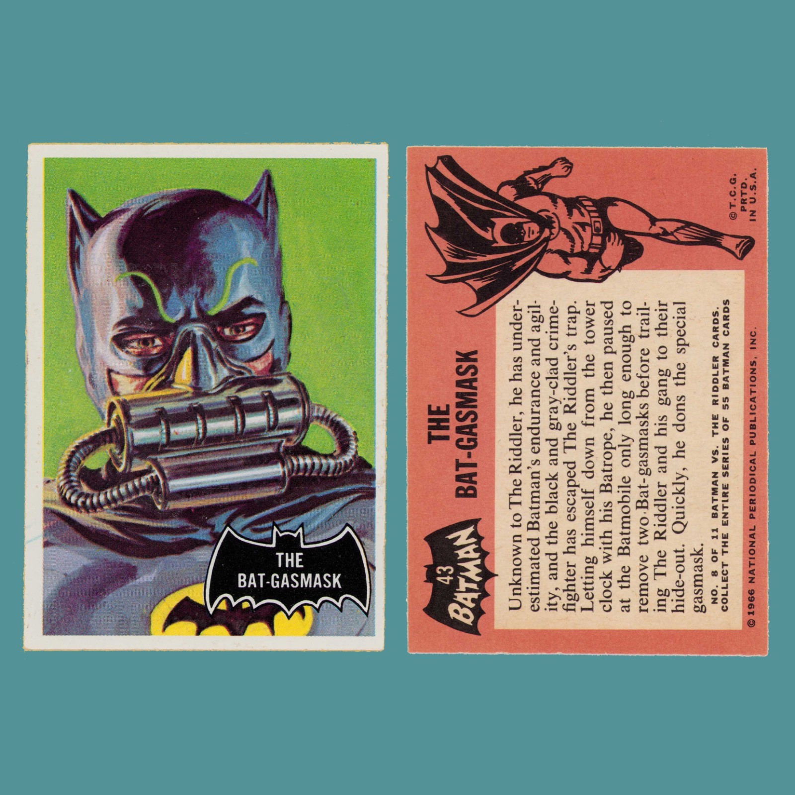 Original 1966 Topps Batman • Black Bat Logo • Card # 43 • The Bat-Gasmask NM Original 1966 Topps Batman • Black Bat Logo • Card # 43 • The Bat-Gasmask NM