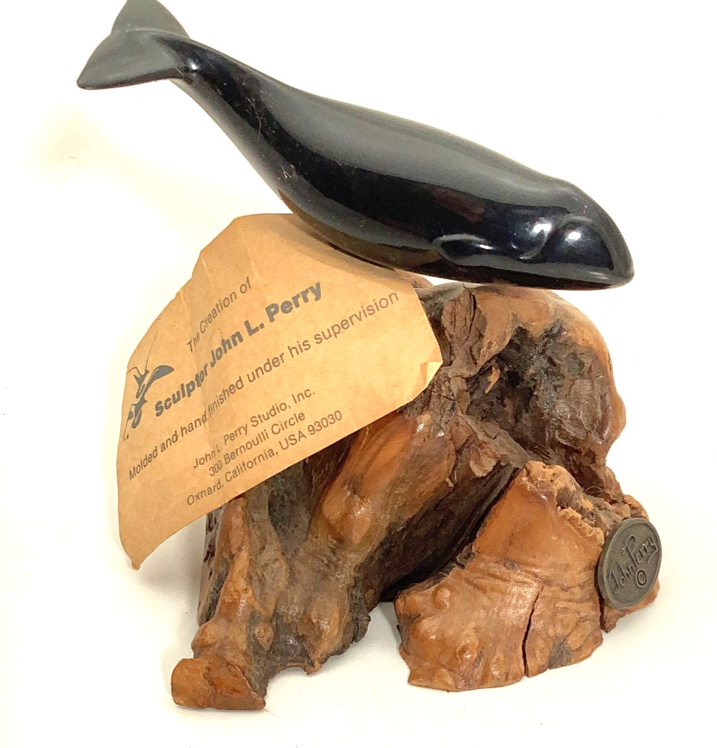 Vintage John Perry Whale Sculpture on Burled Wood Base, 1973