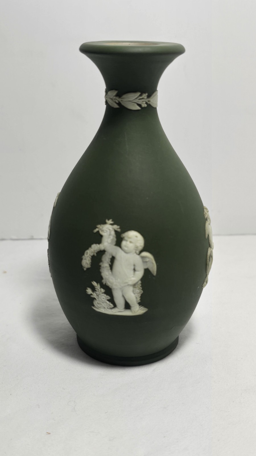 Antique Wedgwood Jasperware Olive Green Bud Vase Greek Relief 5 1/4 Antique Wedgwood Jasperware Olive Green Bud Vase Greek Relief 5 1/4