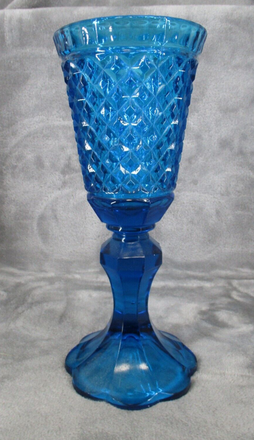 Indiana Glass Pedestal Vase Apothecary Jar Blue Diamond Pattern 10 3/4 Indiana Glass Pedestal Vase Apothecary Jar Blue Diamond Pattern 10 3/4
